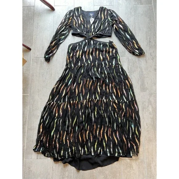 $625 Shoshanna Randi Gown Jet Iridescent Metallic Cut Out Maxi Designer 4 READ - Picture 7 of 14